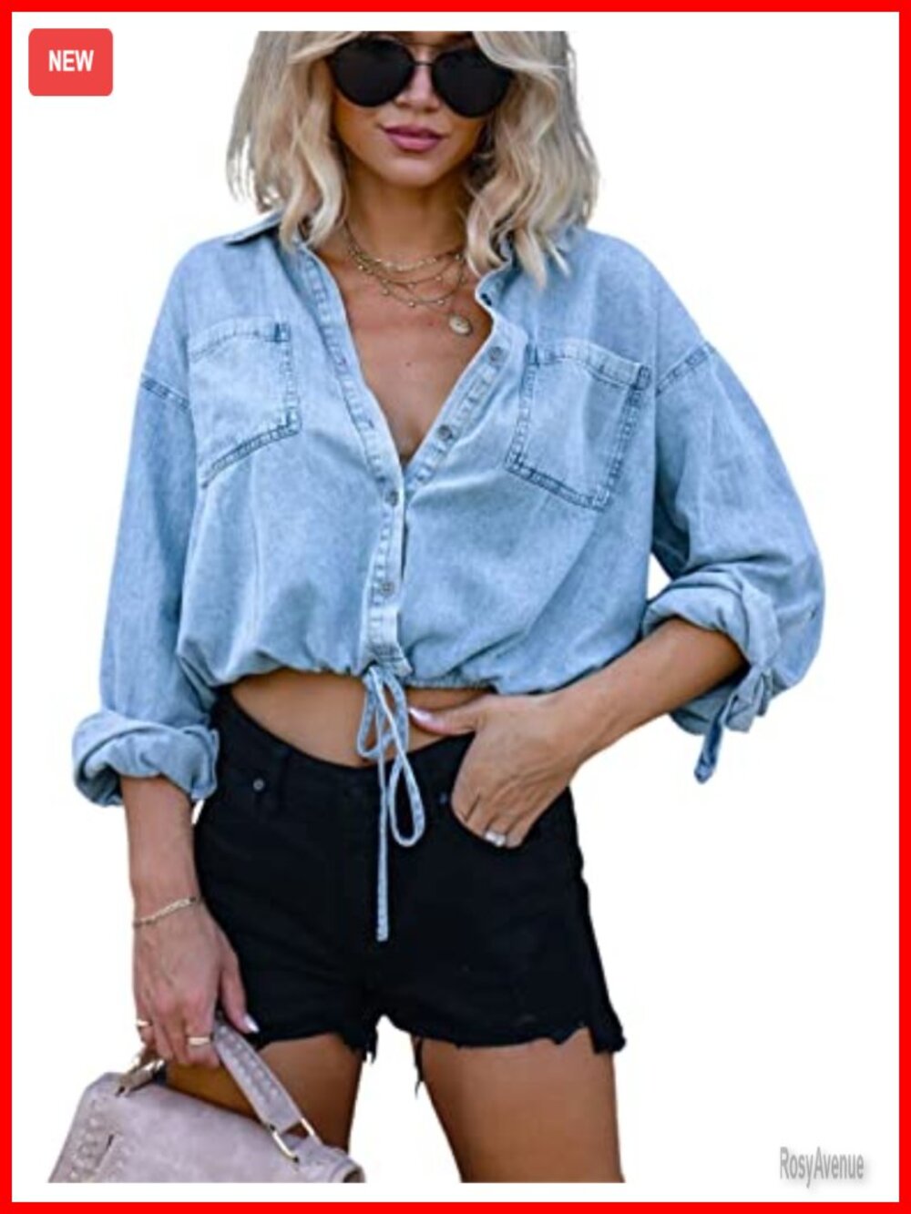 Women's Cropped Denim Button Down Shirt Adjustable Drawstring Hem Oversized